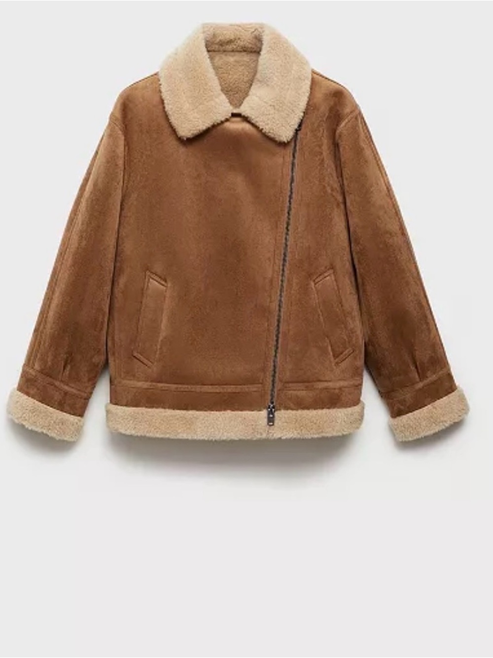 MNG Faux Shearling Moto Jacket in Brown Size Medium